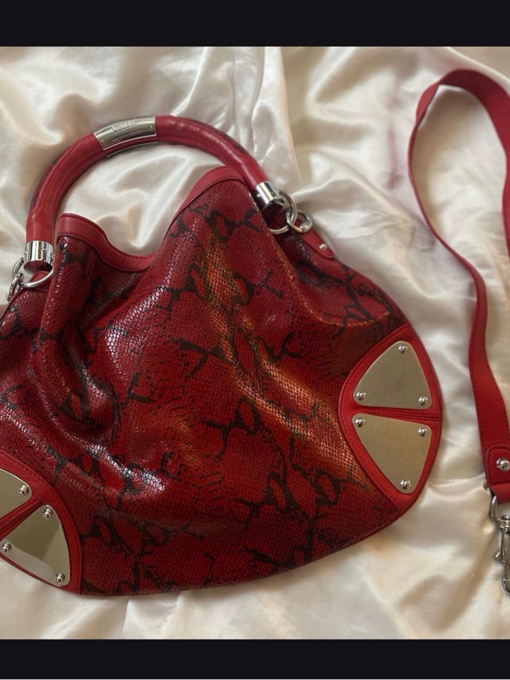 Gucci Red Snake-Print Shoulder Bag with Silver Hardware